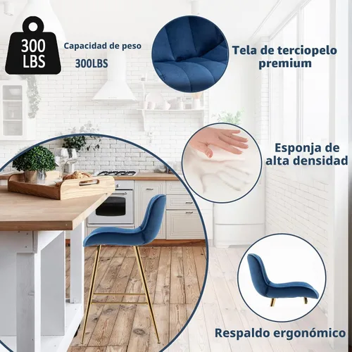 Vista 5 de Sidanli Blue - Juego de 2 taburetes de bar de terciopelo de 24 pulgadas con reposapiés, sillas de bar modernas para el hogar, isla de cocina, comedor