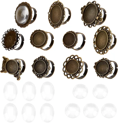Vista 13 de SUNNYCLUE Juego de 24 piezas de anillos ajustables mixtos, cabujones, kit de fabricación de joyas, ajuste de anillo de dedo, cabujones de cristal