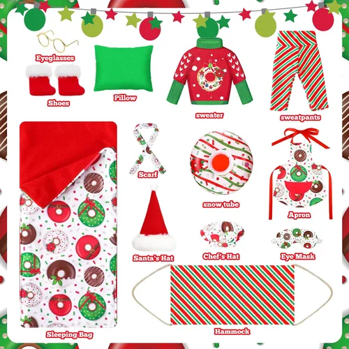Vista 4 de Suhine Juego de 13 accesorios de muñeca de Navidad en ropa, ropa de dona, traje de dona, bufanda, saco de dormir, suéter, bata de baño, hamaca