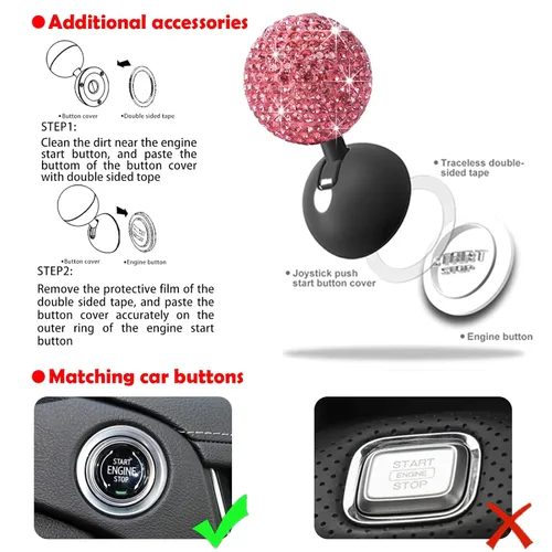 Vista 5 de Cubierta de Botón de Arranque de Coche con Diamantes Bling - Accesorios Lindos para Interior de Mujeres, Decoración de Botón de Arranque del Motor