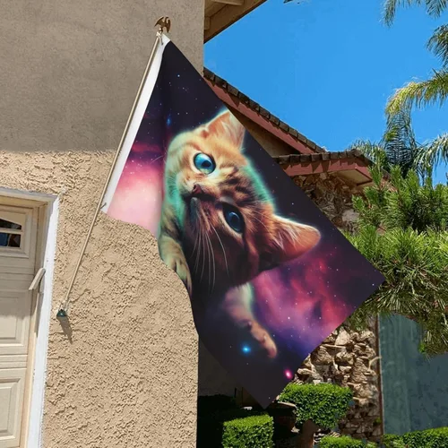 Vista 5 de Bandera de jardín impresa con diseño de gato y galaxia de 3 x 5 pies, bandera para exteriores, bandera de brisa, banderas a prueba de decoloración