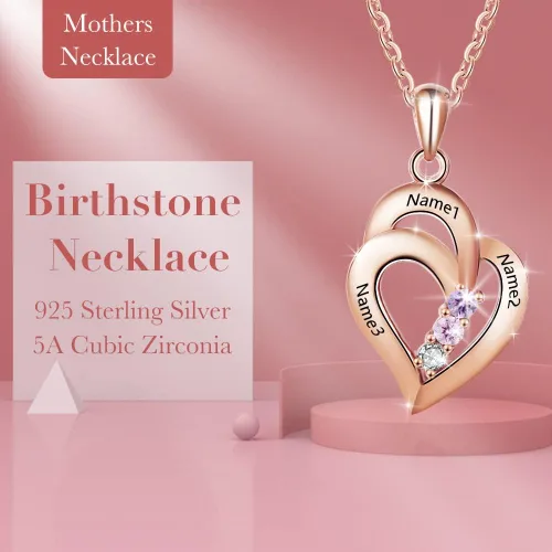 Vista 2 de Lam Hub Fong Regalos personalizados para mamá y madre con 3 piedras de nacimiento hechas a mano, tono plateado, chapado en oro de 18 quilates