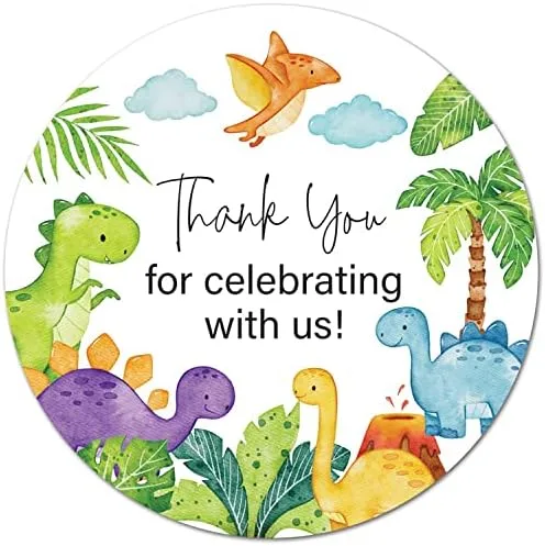 Vista 3 de Calcomanías redondas de agradecimiento de dinosaurio de 2 pulgadas para cumpleaños y baby shower, juego de 40 (dorado, sin papel de aluminio)