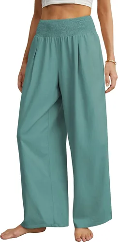 Vista 2 de PrinStory Pantalones palazzo de lino y algodón para mujer, de cintura alta, pierna ancha, pantalones largos con bolsillo