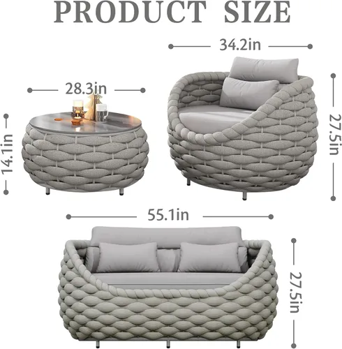 Vista 3 de Juego de 4 piezas de sofá de aluminio para exteriores e interiores, juego de muebles de patio moderno con cojín suave y mesa auxiliar para balcón