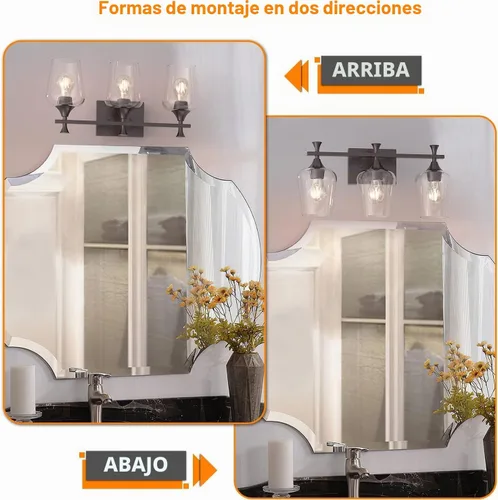 Vista 5 de Lámpara de tocador de baño de 3 luces, accesorios de iluminación de baño negros sobre el espejo, apliques de pared modernos con pantalla de vidrio