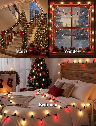 Vista 7 de Luces de Navidad C9 rojas y blancas de 25 pies, cadena de luces de Navidad C9 impermeables con 26 bombillas rojas y blancas, luces de Navidad