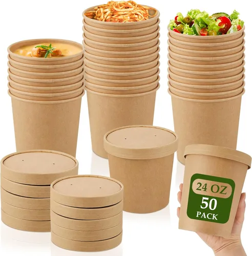 Vista 15 de Sabary Paquete de 50 Recipientes de Papel para Sopa de 8 oz con Tapa Desechables de Papel Kraft Recipientes para Comida Aptos para Microondas