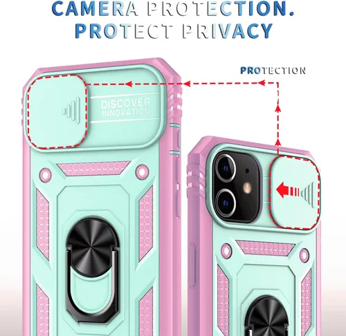 Vista 4 de Funda para iPhone 11, soporte giratorio y cubierta deslizante Verde Rosa