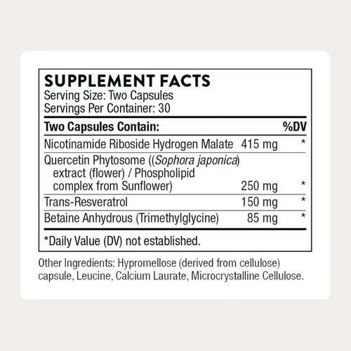 Vista 2 de THORNE - ResveraCel - Ribósido de nicotinamida con fitosoma de quercetina y resveratrol - Apoya el envejecimiento saludable, la metilación