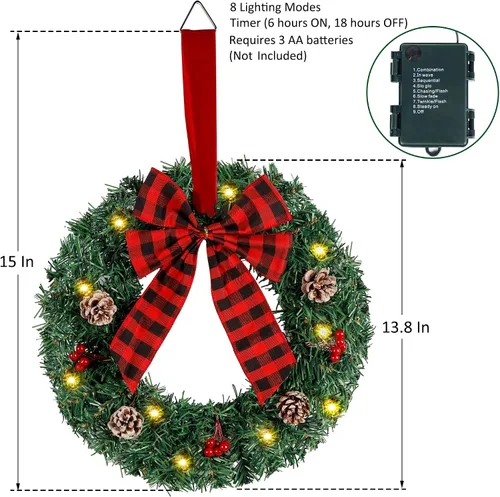 Vista 2 de ATDAWN Paquete de 3 mini coronas de Navidad, corona de Navidad iluminada para puerta delantera, corona de Navidad para decoraciones de fiesta