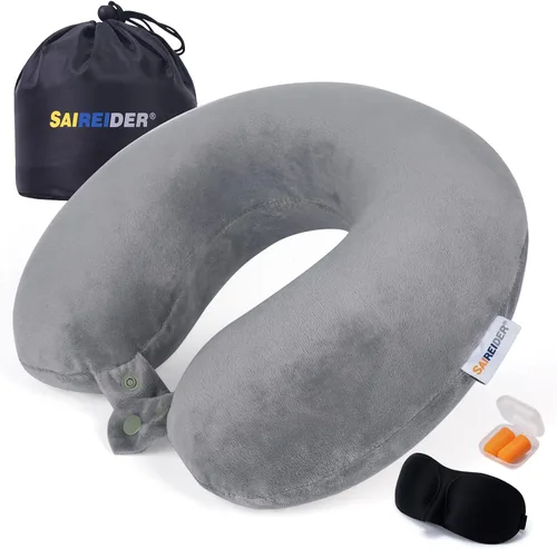 Vista 7 de SAIREIDER Almohada de viaje de espuma viscoelástica 100% pura, almohada de viaje para el cuello, almohada de avión para viajes, automóvil, hogar