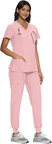 Vista 3 de floralhue Conjunto de ropa quirúrgica para mujer con cuello en V y Rosa rosado