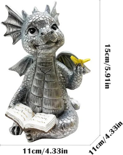 Vista 2 de Bonita estatua de libro de lectura de dragón, 5.9 pulgadas de alto con figuras de mariposa de dinosaurio, escultura de resina de arte, decoración