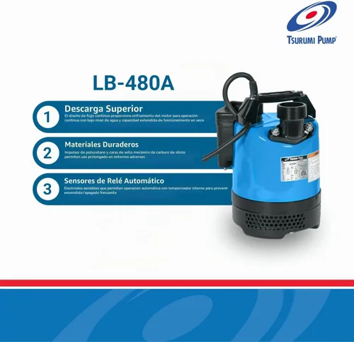 Vista 3 de Tsurumi Pump Bomba de deshidratación sumergible LB-480A - Interruptor de relé automático 2/3 HP 115V 2 pulgadas de descarga Para aplicaciones