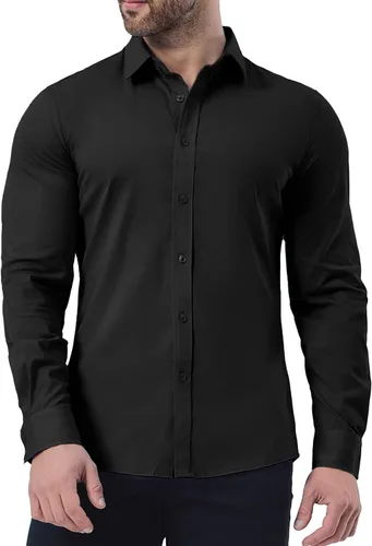 Vista 6 de ZAFUL Camisas de vestir para hombre, ajustadas, con botones, de manga larga, con cuello elástico, de algodón, sin arrugas, con botones