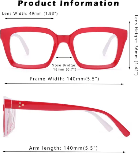 Vista 5 de Hycredi Gafas cuadradas clásicas sin receta para mujeres y hombres, lentes de montura cuadrada gruesa, A4*2pack-(azul+rojo)