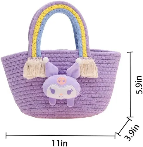 Vista 2 de Kuromi - Bolso de paja con borla para viajes de niños, Púrpura