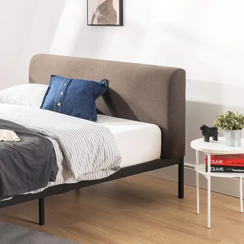 Vista 6 de Mellow BREE - Cama de plataforma de metal con cabecera tapizada curva, listones de acero, fácil montaje, marrón expreso, tamaño matrimonial Marrón