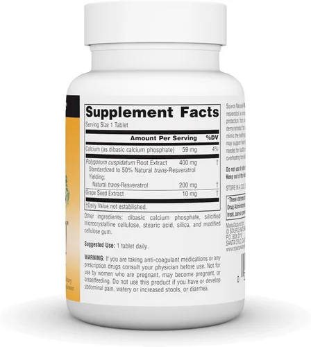 Vista 3 de Source Naturals Resveratrol, para el Corazón y el Envejecimiento Saludable* 200 mg - 60 Tabletas