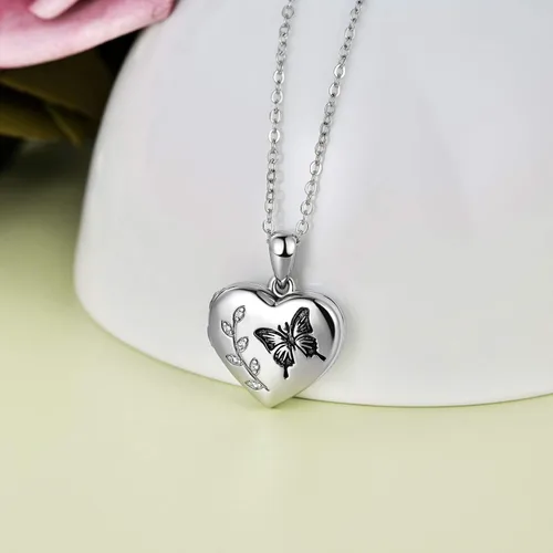Vista 2 de AOBOCO Collar con medallón de corazón que sostiene fotos en plata de ley 925 con diseño de mariposaflores para mujeres cristales de Austria Plata