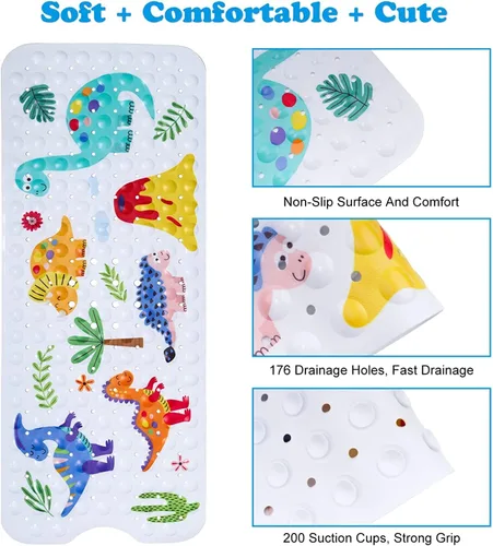 Vista 3 de GDV Tapete de baño para bebé para niños, tapete de baño extra grande de 40 x 16 pulgadas, antideslizante, con dibujos animados, con ventosas