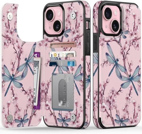 Vista 40 de FUNMIKO Funda tipo cartera para iPhone 15 con tarjetero + clip para efectivo, bloqueo RFID, protección contra caídas de grado militar y obras