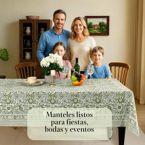 Vista 3 de CPC - Mantel cuadrado 100% algodón, 60 x 60 pulgadas, estampado de bloques indios, mantel para bodas, primavera/verano, barbacoa, verde ágata