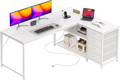 Vista 15 de PRAISUN Escritorio pequeño para computadora de 43.3 pulgadas con tomas de corriente y puerto USB-C, escritorio esquinero reversible en forma de L