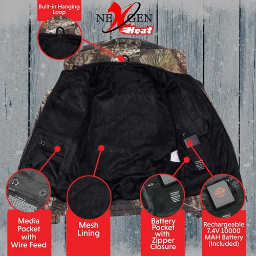 Vista 5 de Nexgen Heat Mens Zipper Mossy Oak Camo Hoodie WFront & Back Heating, Includes Portable Battery Pack