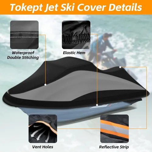 Vista 3 de Funda para Jet Ski Remolcable, Cubierta PWC 300D Resistente al Agua de Servicio Pesado con Rejillas de Ventilación con Tira Reflectante, Se Adapta a