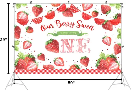 Vista 6 de Our Berry Sweet is Turning One Background con tema de fresas para niños, telón de fondo de cumpleaños para niña, cartel de decoración de fiesta