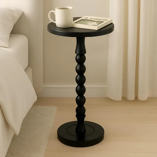 Vista 4 de Mesa auxiliar redonda para espacios pequeños, mesa de bebidas con pedestal de madera de roble, mesa auxiliar moderna para sala de estar, dormitorio