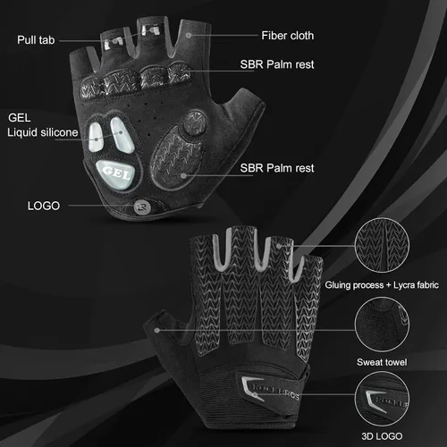 Vista 6 de ROCKBROS Guantes de ciclismo para hombres y mujeres con almohadilla antideslizante que absorbe los golpes, guantes de ciclismo sin dedos, ligeros