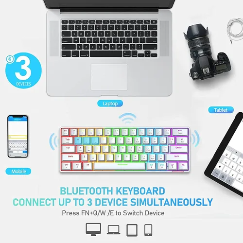 Vista 2 de Teclado mecánico para juegos 60% con cable, Chroma RGB 12 LED retroiluminado tipo C, inalámbrico, 61 teclas, teclado compacto para juegos, Bluetooth