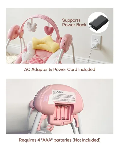 Vista 6 de Columpios de bebé para bebés, columpio para recién nacido, columpio portátil para bebés con música, velocidad adaptable, temporizador, cojín suave
