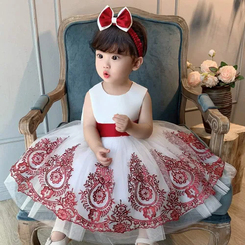 Vista 3 de 3M-6T Vestidos de Encaje con Lazo para Niñas Pequeñas Vestido de Gala Bordado para Bebé con Diadema