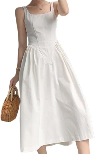 Vista 7 de PHILISENMALL Vestido de verano sin mangas para mujer, estilo francés, elegante, vestido de fiesta de noche, color puro, falda larga para fiesta