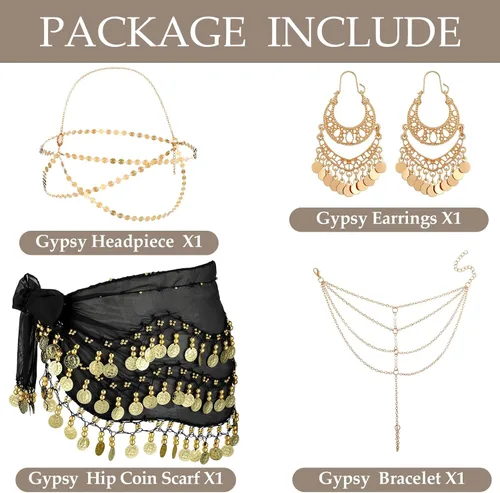 Vista 4 de Sureio 4 piezas de accesorios de disfraz gitano accesorios de danza del vientre, bufanda de cadera, cinturón envolvente, aretes de gota, cadena