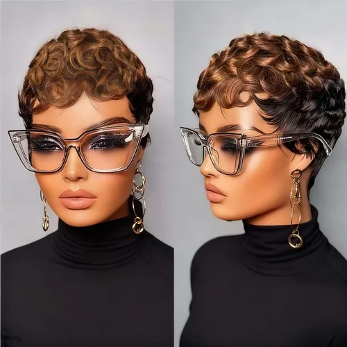 Vista 3 de VCK Pelucas cortas de cabello humano para mujeres negras, pelucas cortas de cabello humano en capas, pelucas de corte Pixie para mujeres, pelucas