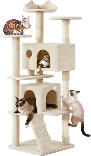 Vista 15 de Yaheetech - Torre de árbol para gatos de 62 pulgadas, torre para gatitos de interior, muebles para mascotas con doble refugio, postes para rascar