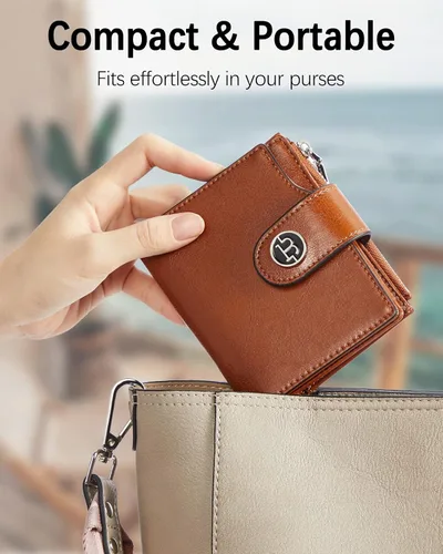 Vista 4 de BOSTANTEN Cartera de cuero para mujer, pequeña, con bloqueo RFID, bolsillo con cremallera, tarjetero con ventana de identificación, 1- marrón