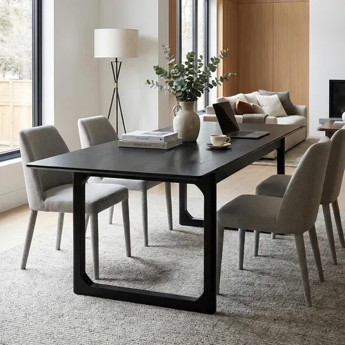 Vista 9 de HNY Mesa de comedor de madera extensible para mesas de cocina rectangulares modernas de 4 a 8 pulgadas, 71 pulgadas con base de madera, mesa de Negro