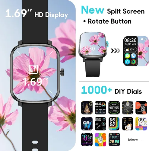 Vista 5 de Popglory Reloj inteligente, reloj de fitness de 1.69 pulgadas para mujeres y hombres con frecuencia cardíaca, presión arterial, oxígeno en sangre