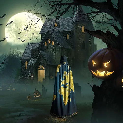 Vista 7 de Mapa del Mundo - Túnica con capucha para Halloween disfraz de cosplay aterrador bata de Capeman con capucha para mujer Negro