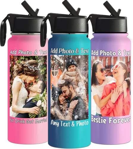 Vista 13 de Botella de agua personalizada con foto y pajita, 18 oz/32 oz, botella de agua deportiva de acero inoxidable personalizada con 1-9 imágenes, nombre