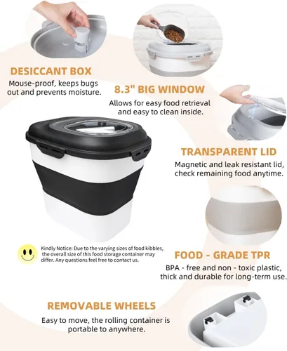 Vista 7 de 30-35 Lbs Contenedor de almacenamiento de alimentos para perros plegable Large Pet Food Storage with Airtight Lids,Wheels,Scoop and 2Pcs Food