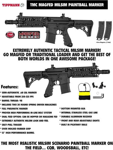 Vista 2 de Maddog Tippmann TMC MAGFED Paintball Gun Marker & Accessory Starter Packages Marker, 48ci/3000psi Compressed Air Tank, Mask, Hopper, Pods, Harness