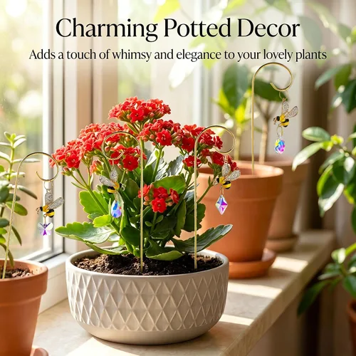 Vista 4 de HDCRYSTALGIFTS 4 atrapasoles de cristal de abejorro con enrejado pequeño para plantas en maceta, accesorios de enrejado para plantas