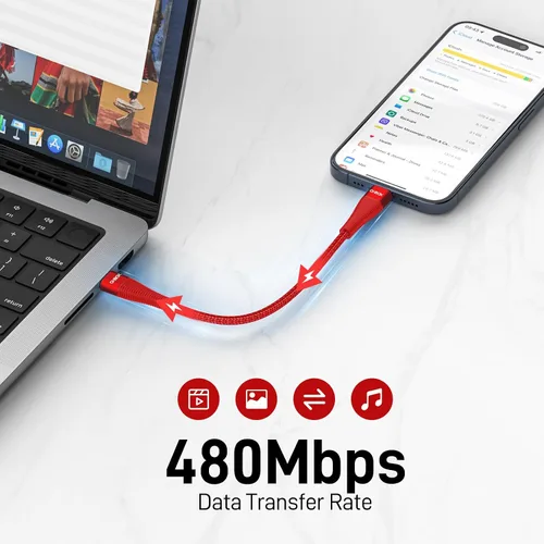 Vista 4 de Cable USB C a USB C, cargador USB C corto de 100 W, cable de carga rápida de 1 pie, paquete de 2 unidades Rojo